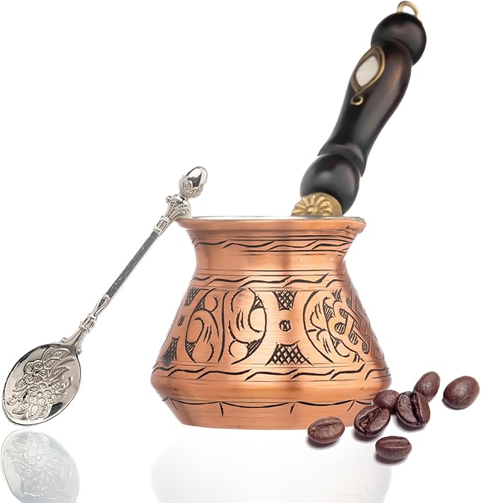 17oz Copper Turkish Greek Arabic Coffee Pot with Wooden Handle - Cezve Ibrik Briki Stovetop Coffee Maker (Includes Copper Spoon) (6 servings)