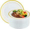 Vplus 100 Piece 10 Inch Gold Plastic Plates Disposable Heavy Duty White Elegant Durable Dinner Plastic Party Plates with Gold Rim Perfect for Party Christmas
