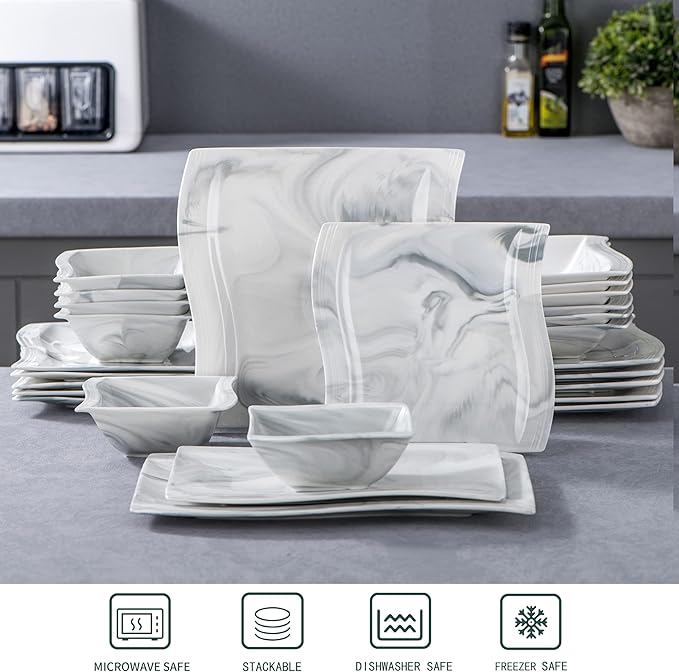 MALACASA 30 Piece Marble Grey Square Dinnerware Sets Bundle With 26 Piece Plates and Bowls Sets Series FLORA