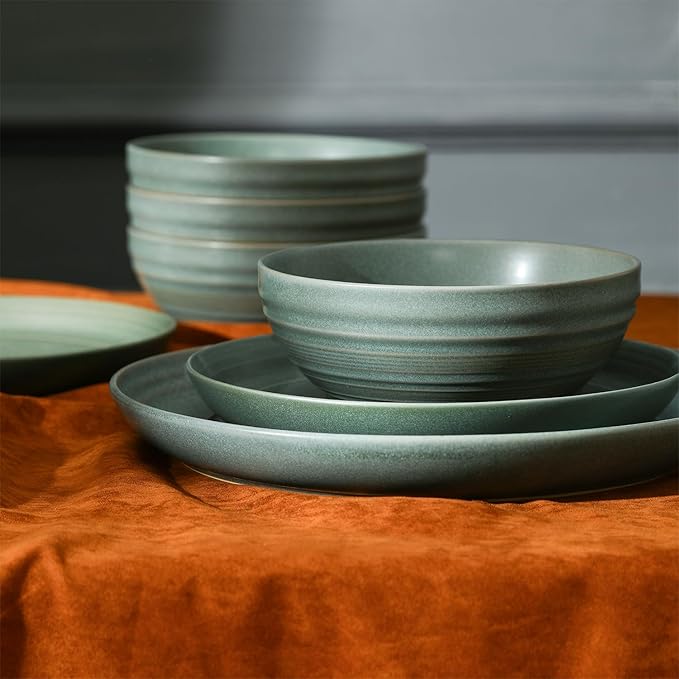 Stone Lain Elio 12-Piece Dinnerware Set Stoneware Plates and Bowls Set Dish Set for 4 Green
