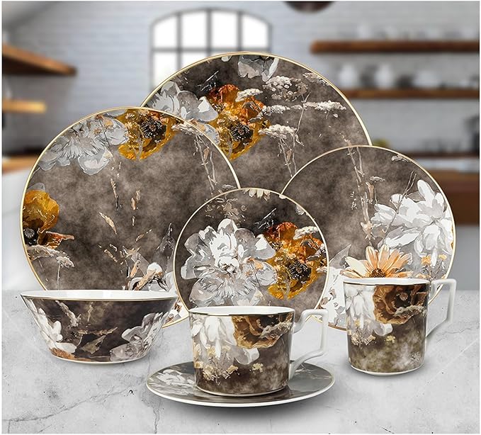 bone china dinnerware sets for 6 kitchen dishes set tableware set for dining include 6.5&amp8&amp10.5&amp12 inch plate European retro floral design
