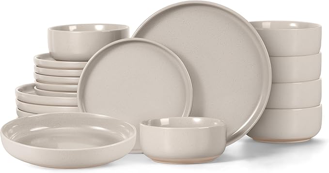 LIANYU 24Pieces Dinnerware Sets with Double Bowls Plates and Pasta Bowls Set for 6 Ceramic Dinner Dishware for Kitchen Dining Microwave &amp Dishwasher Safe Milky Brown