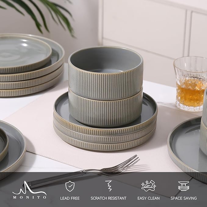 MONITO Ceramic Dinnerware Sets for 6 18PCS Stoneware Plates and Bowls Sets Reactive Glaze Dish Set Chip and Scratch Resistant Double Microwave and Dishwasher Safe Sage Mist