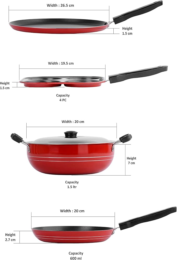 Sumeet 2.6mm Thick Non-Stick Rodze Cookware set (Dosa Tawa – 26.5cm Dia + Mini Multi Snack Maker – 19.5cm Dia + Kadhai With Lid – 1.5Ltr capacity- 20cm Dia + Tapper pan – 20cm Dia)