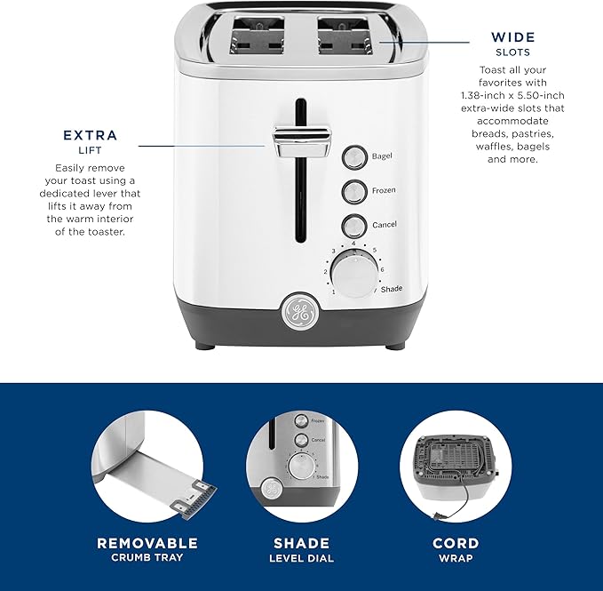 GE 2 Slice Toaster Extra Wide Slots for Toasting Bagels Breads Waffles &amp More 7 Adjustable Shade Settings Removable Crumb Tray Countertop Kitchen Essentials 850 Watts White