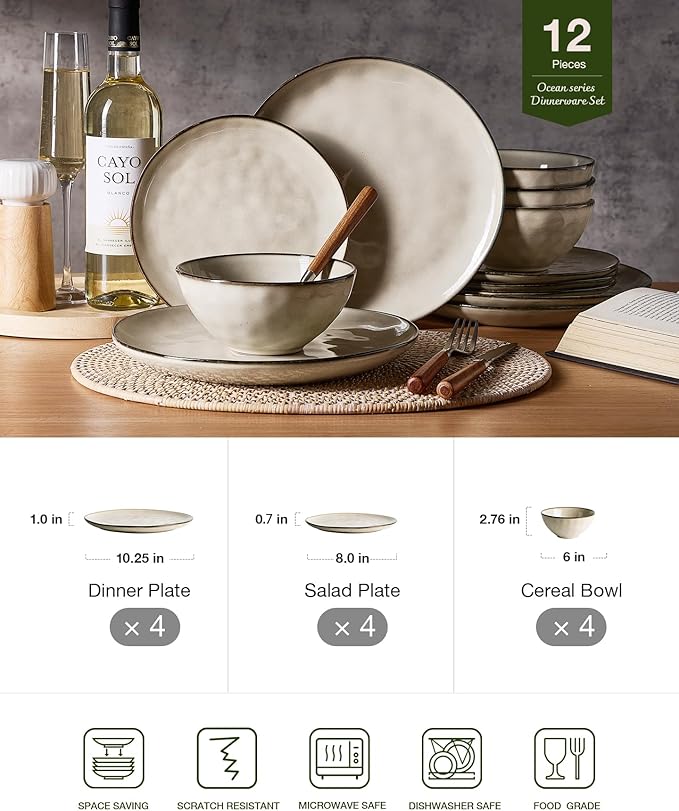 Famiware Dinnerware Sets for 4 Ocean Round 12-Piece Kitchen Plates and Bowls Sets Microwave and Dishwasher Safe Scratch Resistant Light khaki