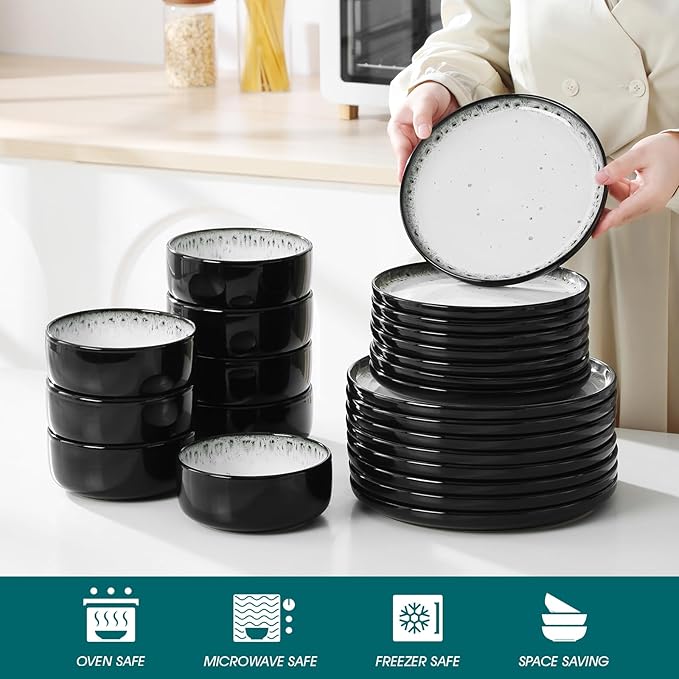 vancasso PLAYA Plates and Bowls Sets 24 Pieces Beige Dinnerware Sets for Kitchen Reactive Glaze Dishes Set for 8 Dishwasher and Microwave Safe