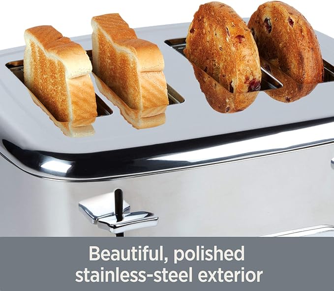 All-Clad Electric Stainless Steel Toaster 4-Slice LED Display Removable Crumb Tray Internal Cord Storage 6 Browning Levels Wide and Self-Centering Slots Waffles Bagels Bread Silver