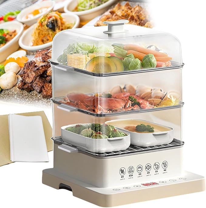 Foldable Food Steamer Electric Rice Cookers with Stackable Baking on 3 Levels Hot Food Warmer with Visual Panel 12 Hours Automatic Heat Preservation (With 500*Baking Paper) 40L