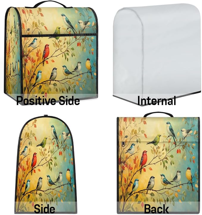 Kitchen Aid Mixer Cover Color Birds Leaves Animal Stand Mixer Cover Compatible with 6-8 Quarts Stand Mixers Dust Covers with Zipper Pocket Foldable Washable Kitchen Aid Organizer Bag