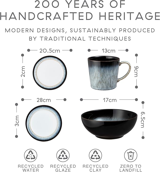 Denby - Halo Dinner Set for 4-16 Piece Tableware - Dishwasher Microwave Safe Stoneware Crockery - Reactive Glaze Black Grey Colour - Set of 4 Dinner Plates Small Plates Cereal Bowls Coffee Mugs
