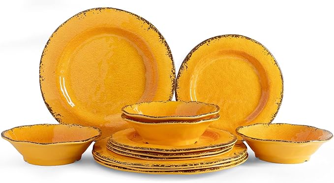 LEHAHA Melamine Dinnerware Sets Outdoor Use Harvest Dinner Plates and Bowls Sets Great for RVs Camping Light Weight and Unbreakable 12 Piece Dishes Dinnerware Set for 4 (Gold)
