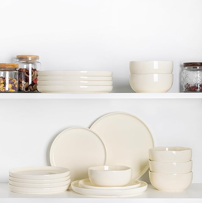 TheTerra Ceramic Dinnerware Sets for 4 12 Pieces Porcelain Lightweight Plates and Bowls Sets Scratch Resistant Dish Set Oven &amp Microwave &amp Dishwasher Safe Beige