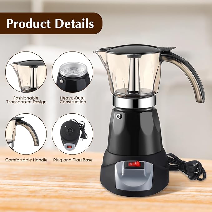 Electric Espresso Maker Transparent Coffee Maker Electric Moka Pot Portable Aluminum Espresso Machine Italian Moka Pot with Detachable Base Coffee Gift for Women Men Home Travel(Black6 Cup)