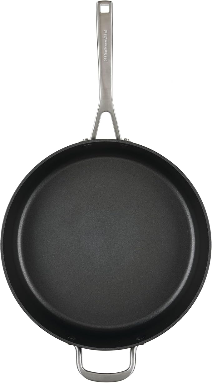 KitchenAid Hard Anodized Induction Nonstick Cookware Saute Pan/Jumbo Cooker with Lid and Helper Handle Dishwasher Safe 5 Quart Non Stick Sauteuse with Stainless Steel Handles - Matte Black