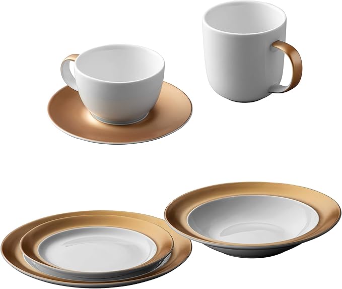 BergHOFF GEM Porcelain Set of 6pc Dinnerware Deep Plate Large &amp Small Plate Coffee Mug Tea Cup Saucer White &amp Gold Daily Serving Elegant Glossy Finish Dishwasher Safe