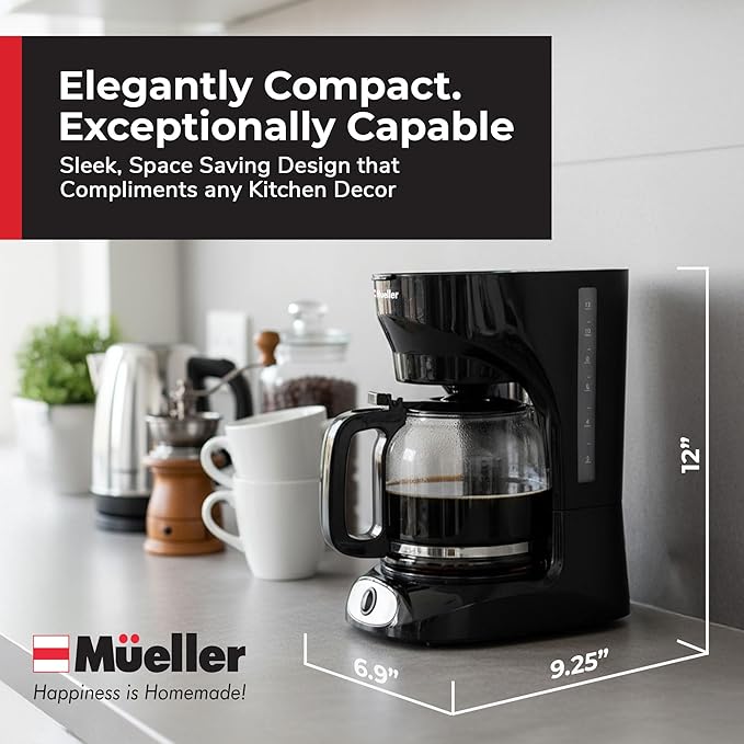Mueller 12-Cup Drip Coffee Maker - Borosilicate Carafe Auto-Off Reusable Filter Anti-Drip Keep-Warm Function Clear Water Level Window Coffee Machine Kitchen Essentials &amp Accessories