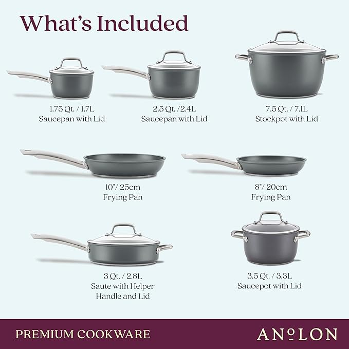 Anolon Accolade Forged Hard Anodized Cookware Pots and Pans Set 12 Piece - Moonstone Gray &amp Accolade Forged Hard Anodized Deep Frying Pan/Skillet with Helper Handle and Lid12 Inch - Moonstone Gr