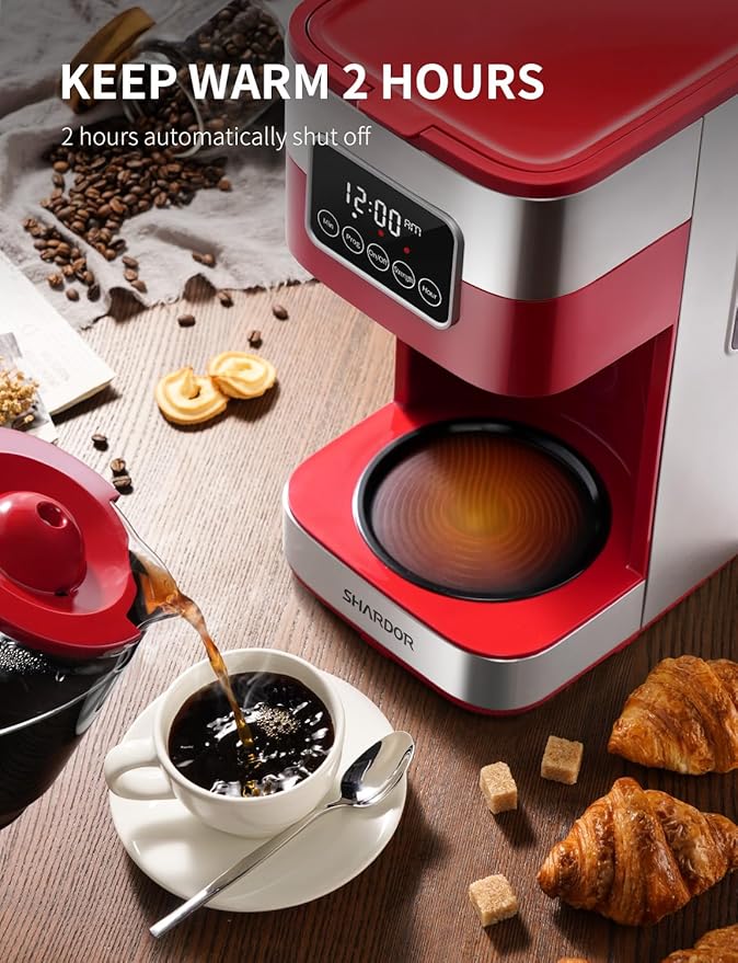SHARDOR 10-Cup Programmable Coffee Maker Regular &amp Strong Brew Drip Coffee Machine for Home and Office Auto Shut Off Permanent Filter (red)