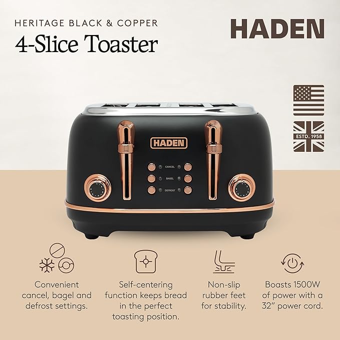 HADEN Heritage 4-Slice Toaster with Extra Wide Slots 1500-Watt Black &amp Copper - Retro Stainless Steel Design with Self-Centering Function Adjustable Browning Control &amp Removable Crumb Tray
