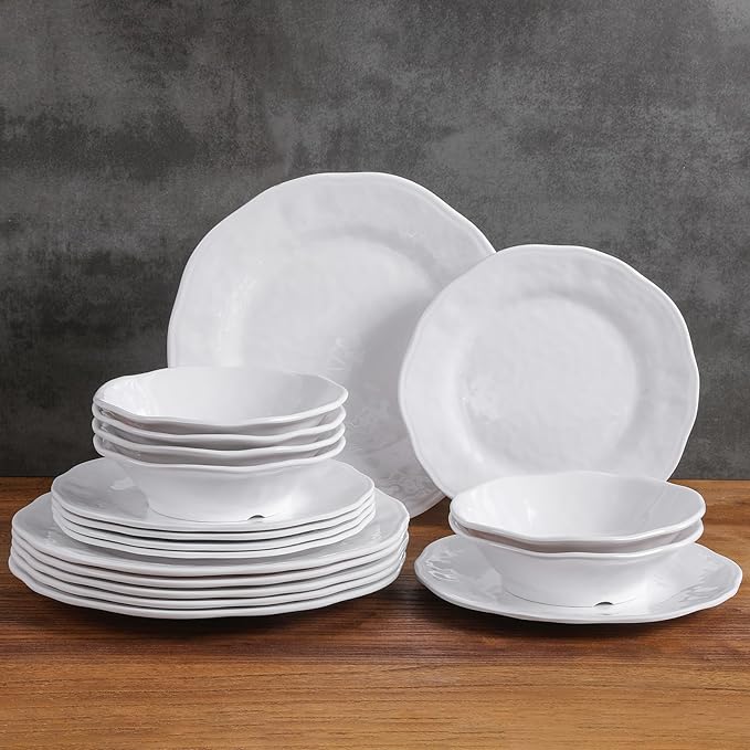 White Melamine Dinnerware Set 18 Pcs Lightweight and Unbreakable Outdoor Plates and Bowls Sets Camping Melamine Dishes Set for 6 Chip Resistant Kitchen Plates for Indoor and Outdoor Use