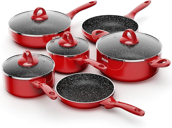 Induction Cookware Pots and Pans Set 10 Piece BEZIA Dishwasher Safe Nonstick Cooking Pans Stay-Cool Bakelite Handle Scratch Resistant Kitchen Sets with Frying Pans Saucepans &amp Stockpot (Red)