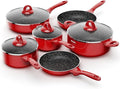 Induction Cookware Pots and Pans Set 10 Piece BEZIA Dishwasher Safe Nonstick Cooking Pans Stay-Cool Bakelite Handle Scratch Resistant Kitchen Sets with Frying Pans Saucepans &amp Stockpot (Red)