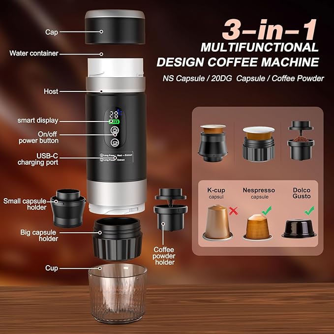 Portable Espresso Machine with Removeable Battery 20 bar Mini Travel Coffee maker Expresso Coffee Maker with USB-C3-in-1 Car Coffee Maker Self-Heating Ground Coffee &amp Capsule(Ns&ampDG)