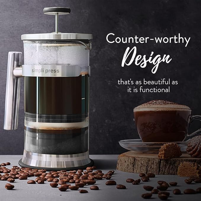 Simpli Press French Press Coffee &amp Tea Maker - Easy Cleanup &amp Customizable Smooth Coffee - Patented - Plastic-Free Premium Stainless Steel 34 oz - Black Color