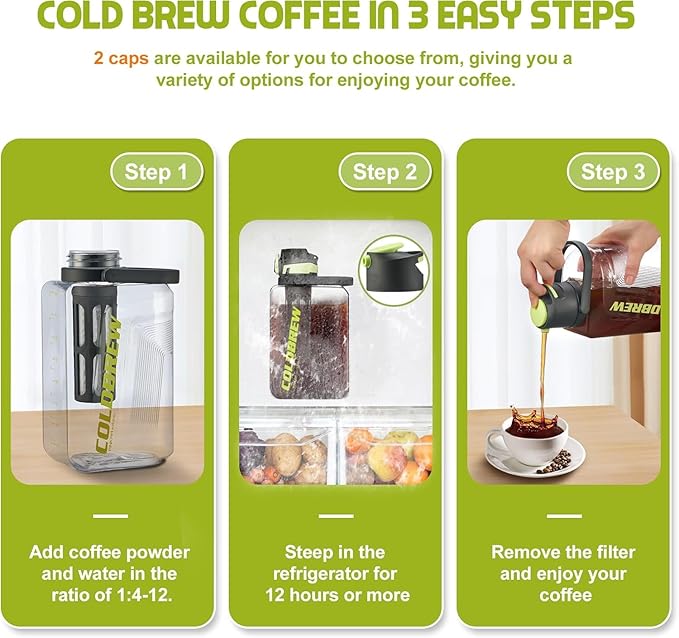 Cold Brew Coffee Maker 68oz Iced Coffee Tritan Pitcher with Filter 2 Pour Spout Lids For Airtight &amp Leak-Proof Coffee Barrel(Black)