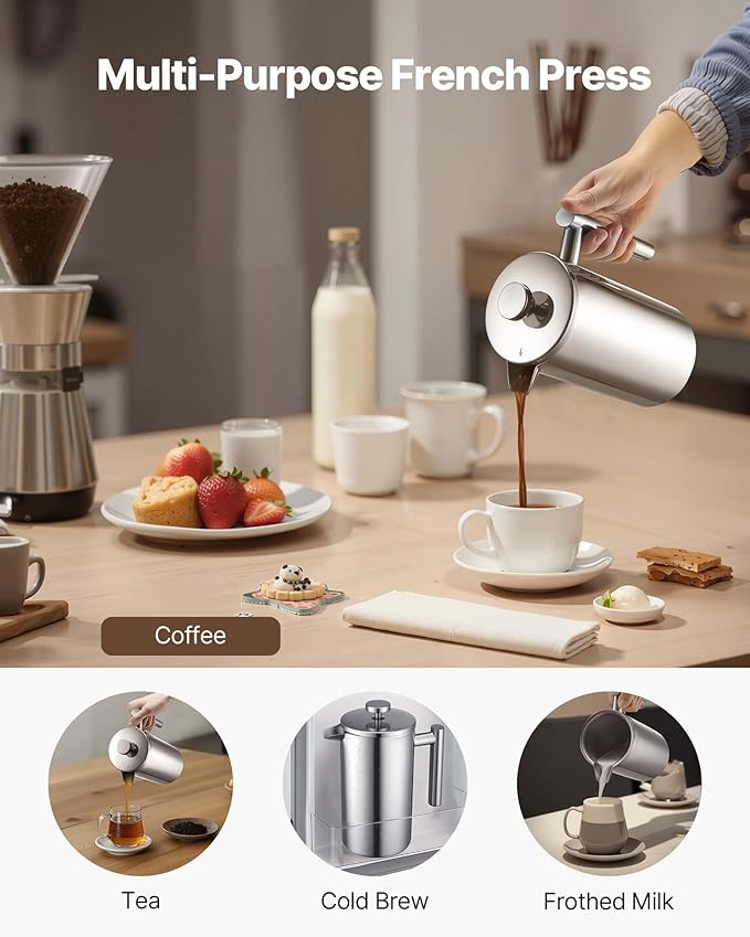 VEVOR French Press Coffee Maker 34 Ounce 1 Liter Stainless Steel Coffee Press Tea Maker with Filter Large Double Wall Insulated French Presses Cold Brew for Camping Travel Home Kitchen Silver