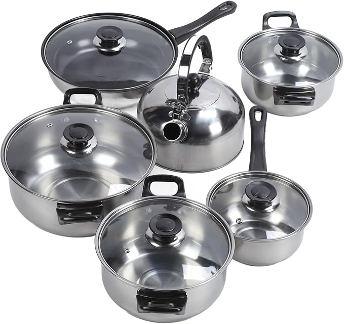 Stainless Steel Kitchen Cookware Set Durable Complete Cooking Solution for Home Kitchen Stainless Steel Pots Pans Set for Family GlassBlack 6 Pieces
