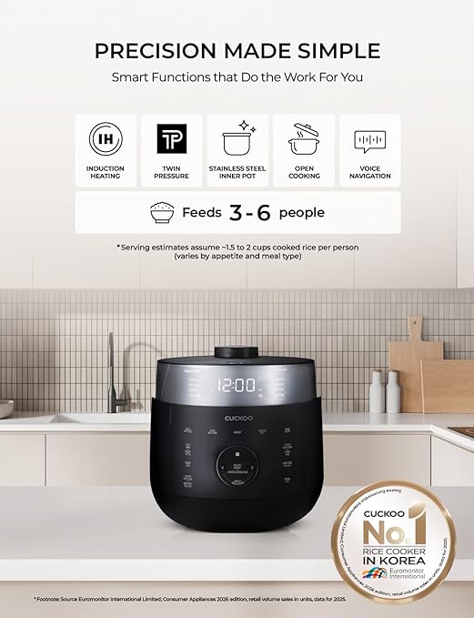 CUCKOO Twin Pressure Rice Cooker 6-Cup Uncooked / 12-Cup Cooked with Induction Heating Technology 19 Menu Modes with Voice Guide Full Stainless Steel Inner Pot Black (CRP-LHTAR0609FB)