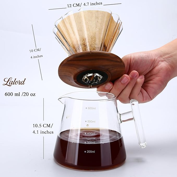 Pour Over Coffee Maker 20 oz Borosilicate Glass Set with 100 pcs Paper Filter Walnut Collar &amp Glass Lid Drip Coffee Maker 1-3 Cups Clear 600 ml Petal Shape