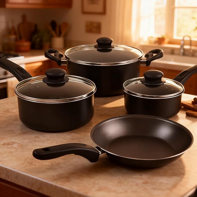 7-Piece Non-Stick Aluminium Pots and Pans Set Black - Scratch-Resistant Cookware Fast Heating &amp Non-Toxic for Daily Cooking