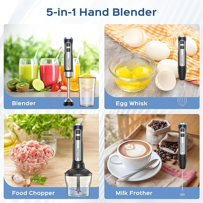 Immersion Blender 5 in 1 Hand Blender Electric Blenders Max 1000W Heavy Duty Motor 21 Speed &amp Turbo Mode Handheld Blender Milk Frother Egg Whisk 800ml Beaker 600ml Chopper Stainless Steel Bl