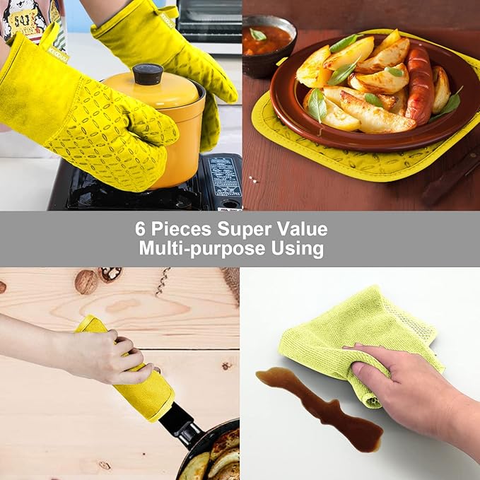 KEGOUU Oven Mitts and Pot Holders 6pcs Set Kitchen Oven Glove High Heat Resistant 500 Degree Extra Long Oven Mitts and Potholder with Non-Slip Silicone Surface for Cooking (Yellow)