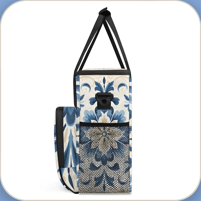 Watercolor Blue Flowers Coffee Maker Travel Bag for Keurig K-Mini/K-Mini Plus Insulated Waterproof Tote with Pockets for K-Cup Portable Single-Serve Brewer Case