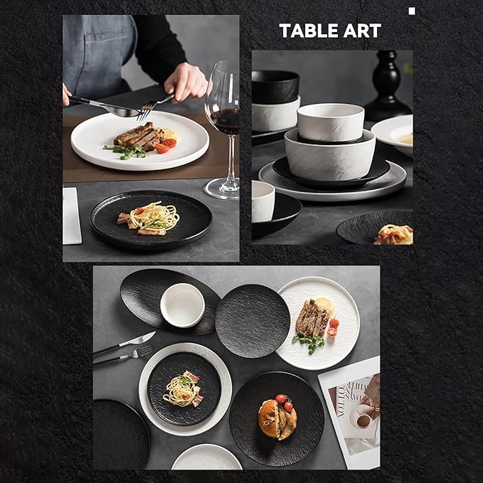 28/30 Pieces Dish Sets for 6 Black and White Serving Plates and Bowls Sets Frosted Texture Dinnerware Set Hard and Durability Scratch Resistant Dishware Set Dishwasher &amp Microwave &amp Oven Safe(