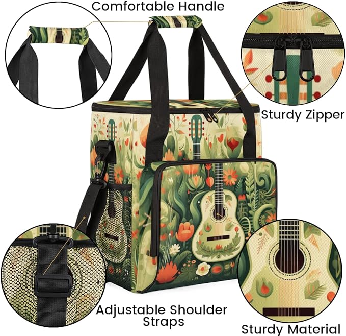 Retro Guitar Coffee Maker Carrying Bag Tropical Leaves Travel Storage Bag Compatible with K-Mini or K-Mini Plus Single Serve Coffee Brewer Carrying Case with Multiple Pockets &amp Shoulder Strap