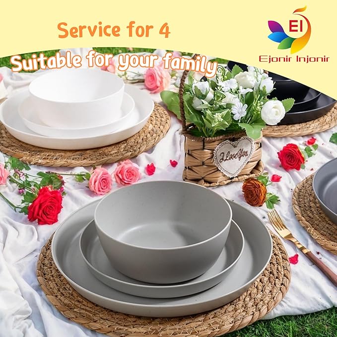 EI 12pcs Wheat Straw PlatesWheat Straw Dinnerware SetPlate and Bowls SetsPlastic Plates Reusable-WhiteBlackGreyDark GreyDinner Plate Set of 4 KitchenPicnic