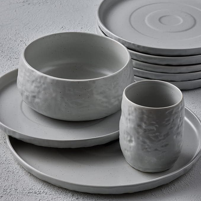 Stone by Mercer Project SHOSAI 32-Piece Stoneware Dinnerware Set Plates and Bowls Set Modern Dishware set fo 8 Grey Speckled