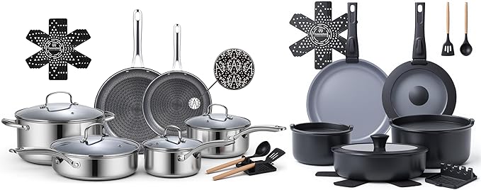 Ammeloo 18 Pcs Ceramic Pots and Pans Set Non Stick 17 Pcs Nonstick Stainless Steel Cookware Set