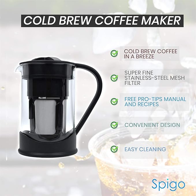 COLD BREW COFFEE MAKER 1 Liter (4-Cups) Capacity Great For Flavorful Iced Coffee That Stays Fresh Longer Borosilicate Glass Easy Cleaning Fun Ideas and Recipe Booklet 8x5 Inches Black