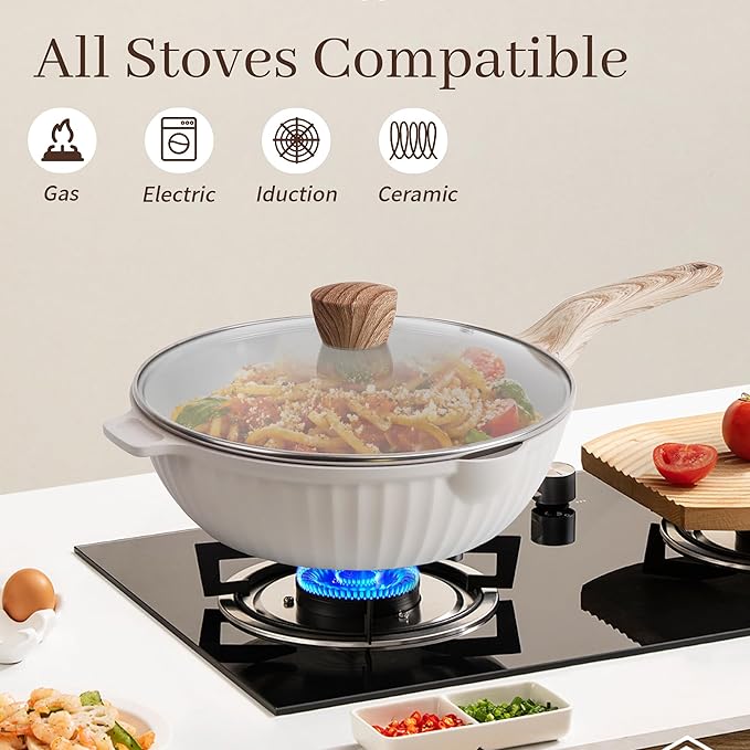 Pots and Pans Set Non Stick 13Pcs Kitchen Cookware Sets Granite Stone Induction Cookware Non Stick Cooking Set w/Frying Pans Saucepans Sauté Pan (PFOA Free) Cream White