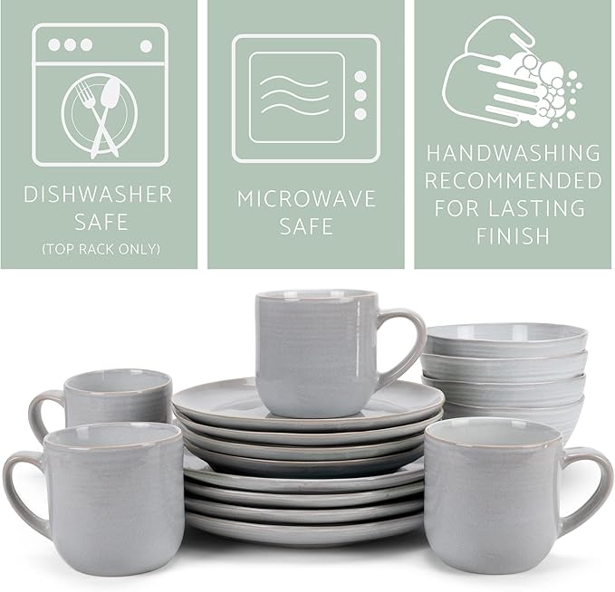 Elanze Designs Reactive Glaze Farmhouse Rustic Boho Ceramic Stoneware Dinnerware 16 Piece Plate Bowl Mug Dish Set - Service for 4 Pale Grey