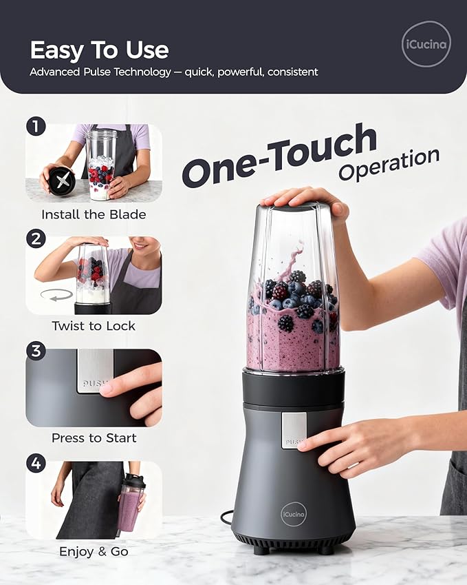 iCucina Smoothie Blender Personal Blender for Shakes and Smoothies 700W Pulse Technology Single Serve Blenders with 2 x 28oz Protable Cups for Ice Crush Frozen Fruit Drinks