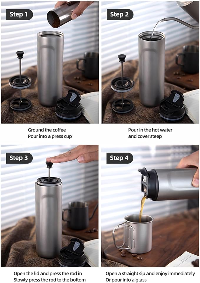 Buachois Portable Insulated French Press Coffee Maker Camping Coffee Makers with Double Wall Sturdy Construction Coffee and Tea Maker for Travel Office Outdoor Adventures (Sandblast)
