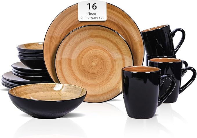 Sonoma 16pc Stoneware Dinnerware Set Outside Black + Inside Hand Painting Color Mocha