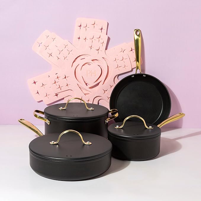 Paris Hilton Iconic Nonstick Pots and Pans Set Multi-layer Nonstick Coating Matching Lids With Gold Handles Made without PFOA Dishwasher Safe Cookware Set 10-Piece Black
